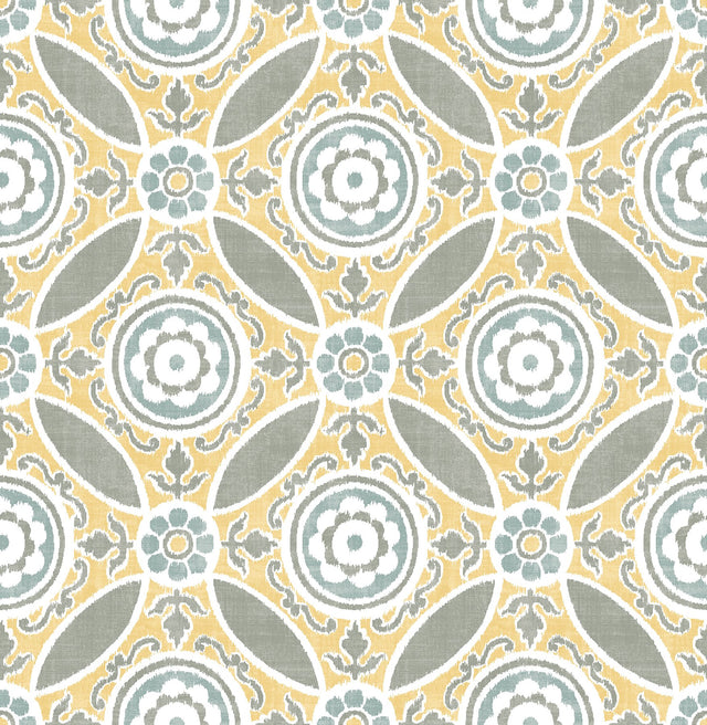 Maya Yellow Medallion Wallpaper with Ikat Floral Medallion Pattern - A-Street Prints 2744-24114