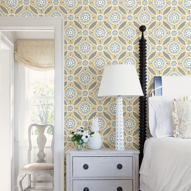 Maya Yellow Medallion Wallpaper with Ikat Floral Medallion Pattern - A-Street Prints 2744-24114