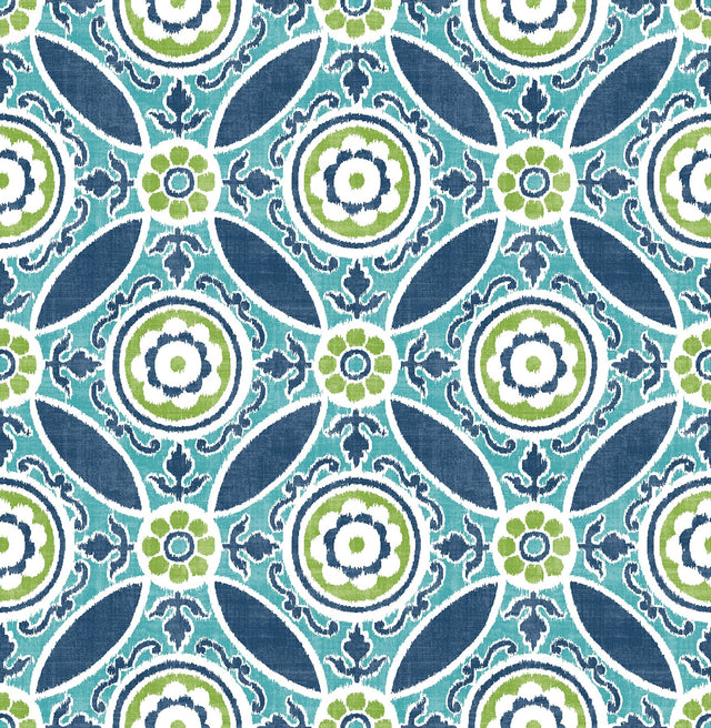 Maya Teal Medallion Wallpaper with Ikat Floral Motif - A?Street Prints 2744-24115
