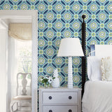 Maya Teal Medallion Wallpaper with Ikat Floral Motif - A?Street Prints 2744-24115