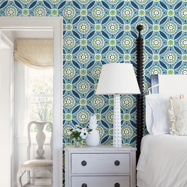 Maya Teal Medallion Wallpaper with Ikat Floral Motif - A?Street Prints 2744-24115