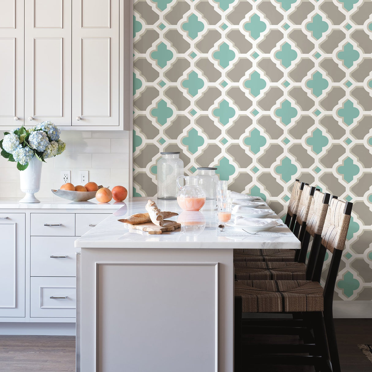 Lido Turquoise Quatrefoil Wallpaper with Modern Geometric Pattern - Brewster 2744-24123