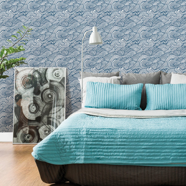 Mare Navy Wave Wallpaper with Japanese-Inspired Coastal Wave Motif - A?Street Prints 2744-24132