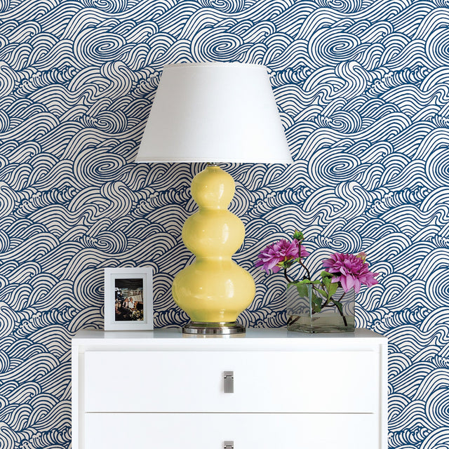 Mare Navy Wave Wallpaper with Japanese-Inspired Coastal Wave Motif - A?Street Prints 2744-24132