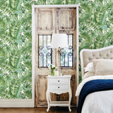 Alfresco Green Palm Leaf by A-Street Prints Vibrant Lime Green and Beige Linen Coastal Botanical Non Woven Strippable Wallpaper - FD24136
