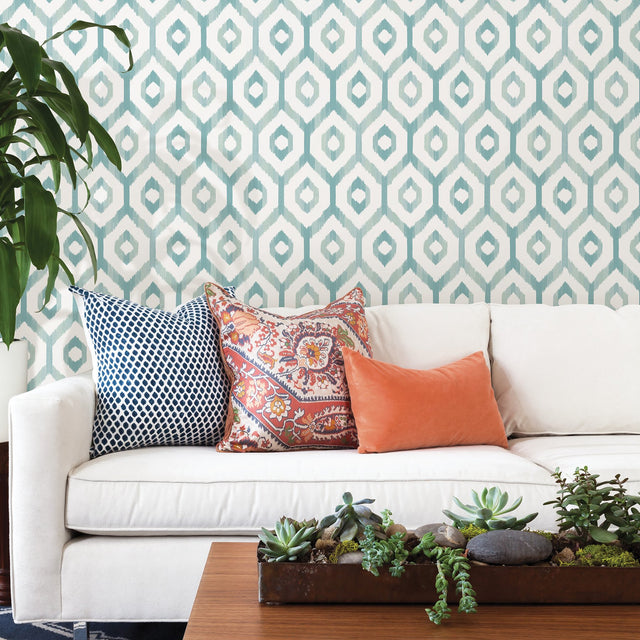 Lucia Teal Diamond Wallpaper with Ikat Geometric Trellis - A-Street Prints 2744-24142