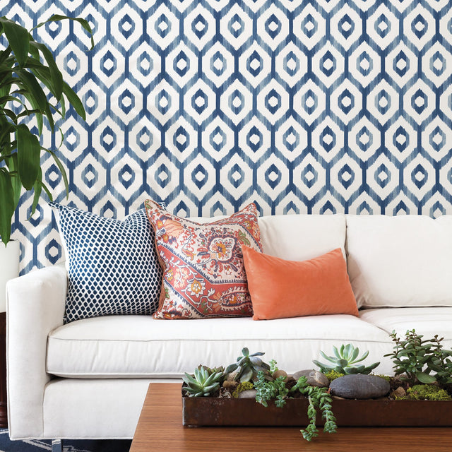 Lucia Blue Diamond Wallpaper with Ikat Geometric Trellis - A-Street Prints 2744-24143
