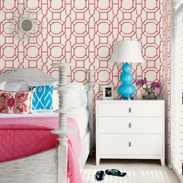 Summer Coral Trellis Wallpaper in Coral Bamboo Geometric - A-Street Prints 2744-24152