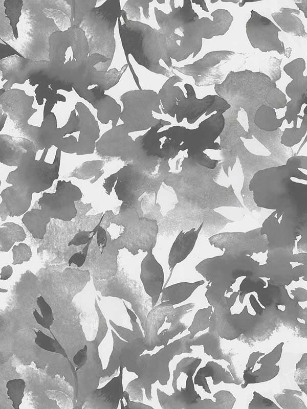 Lakelynn Charcoal floral watercolor wallpaper by Magnolia Home, pattern MJ4871, 54 inch wide commercial vinyl