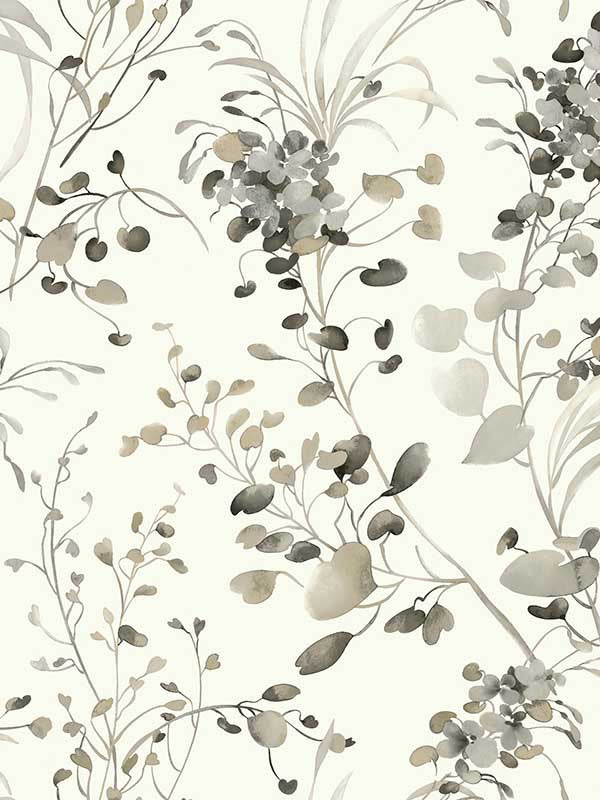 Spring Whispers Charcoal wallpaper by Candice Olson with watercolor leaves on off-white ground