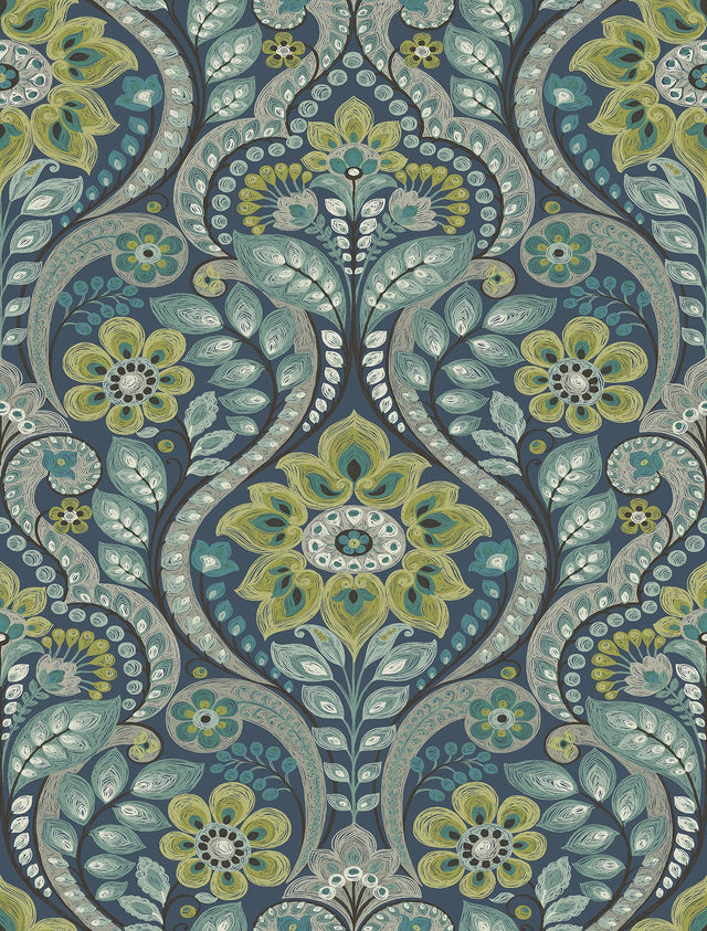 Night Bloom Navy Damask Wallpaper with Modern Hand-Drawn Floral Motif - A-Street Prints 2763-12101