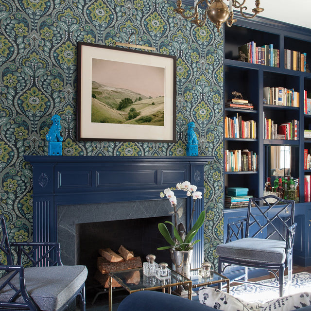 Night Bloom Navy Damask Wallpaper with Modern Hand-Drawn Floral Motif - A-Street Prints 2763-12101