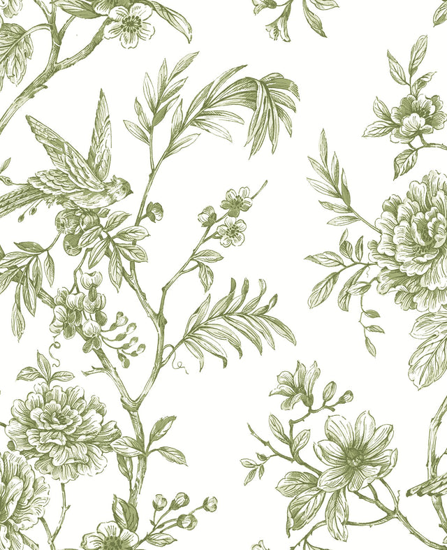 Jessamine Green Floral Trail Wallpaper with Birds and Botanical Trail Motif - A-Street Prints 2763-24234