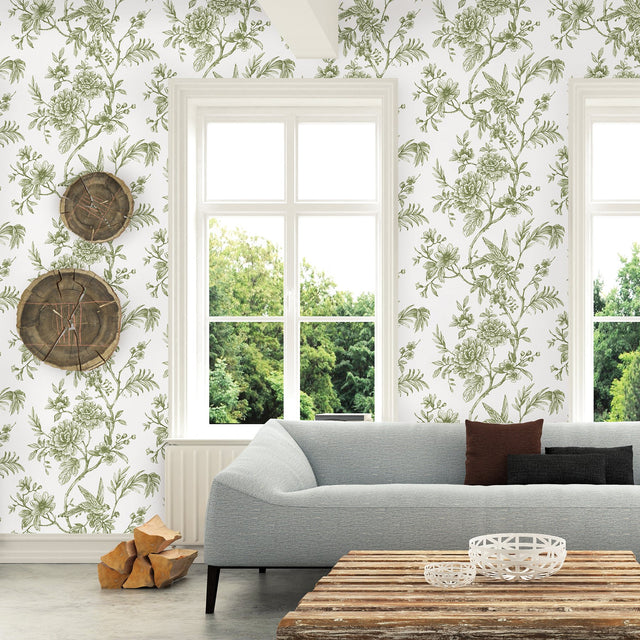 Jessamine Green Floral Trail Wallpaper with Birds and Botanical Trail Motif - A-Street Prints 2763-24234