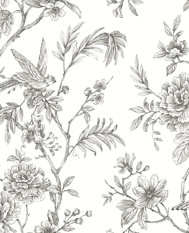Jessamine Grey Floral Trail Wallpaper with Modern Bird and Blossom Motif - A-Street Prints 2763-24237