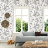 Jessamine Grey Floral Trail Wallpaper with Modern Bird and Blossom Motif - A-Street Prints 2763-24237