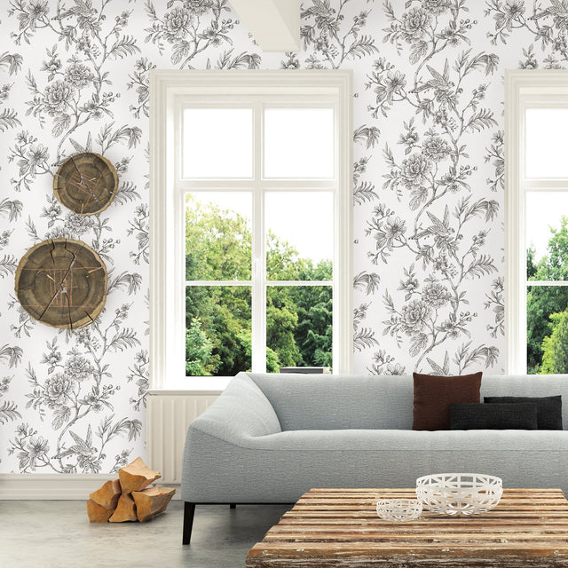 Jessamine Grey Floral Trail Wallpaper with Modern Bird and Blossom Motif - A-Street Prints 2763-24237