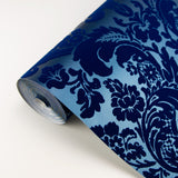 Shadow Blue Flocked Damask Wallpaper with Modern Damask Pattern - A-Street Prints 2763-87310