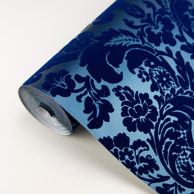 Shadow Blue Flocked Damask Wallpaper with Modern Damask Pattern - A-Street Prints 2763-87310