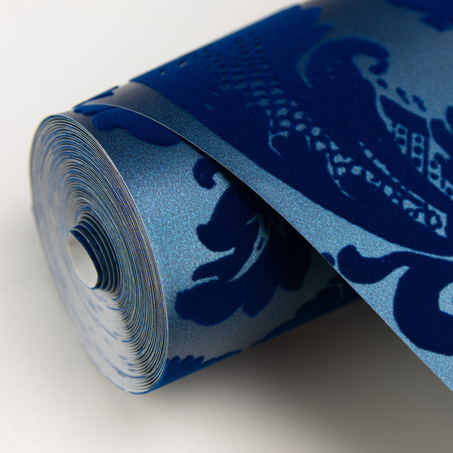 Shadow Blue Flocked Damask Wallpaper with Modern Damask Pattern - A-Street Prints 2763-87310