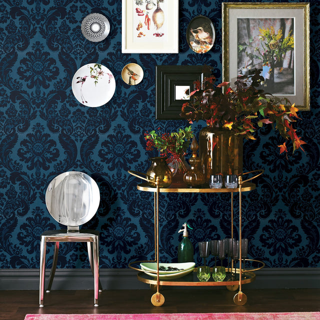 Shadow Blue Flocked Damask Wallpaper with Modern Damask Pattern - A-Street Prints 2763-87310
