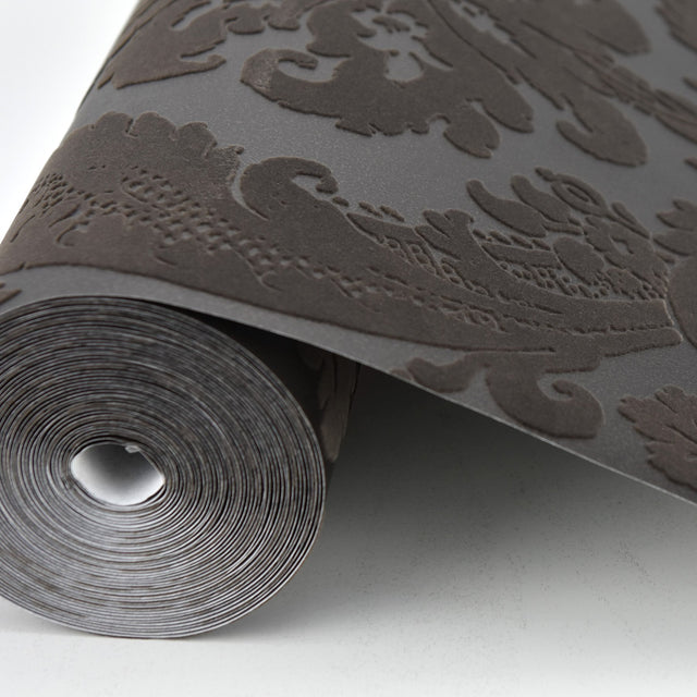 Shadow Brown Flocked Damask Wallpaper with Modern Damask Pattern - A-Street Prints 2763-87311