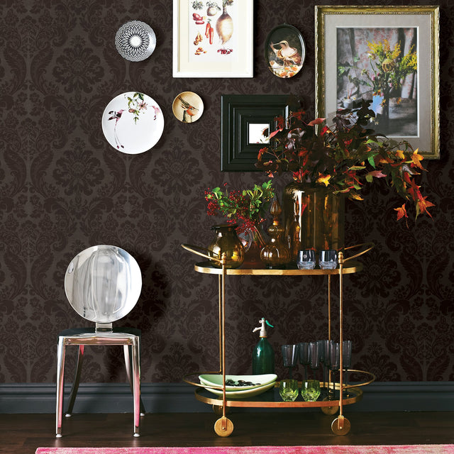 Shadow Brown Flocked Damask Wallpaper with Modern Damask Pattern - A-Street Prints 2763-87311