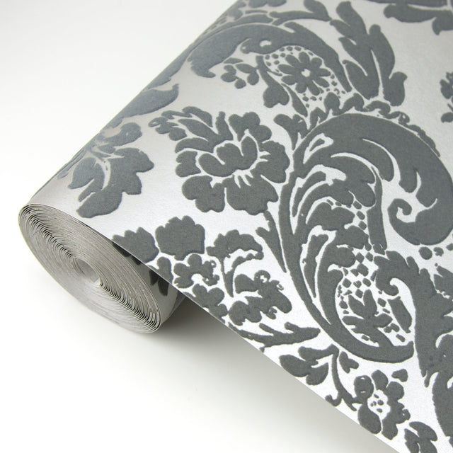 Shadow Grey Flocked Damask Wallpaper
