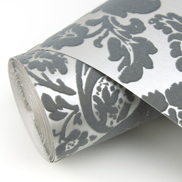 Shadow Grey Flocked Damask Wallpaper