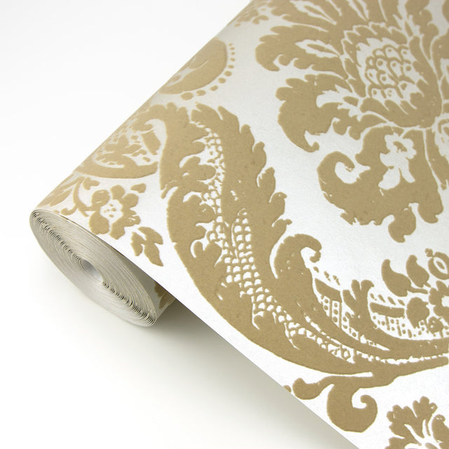 Shadow Khaki Flocked Damask Wallpaper with Pearlescent Cream Ground - A-Street Prints 2763-87314