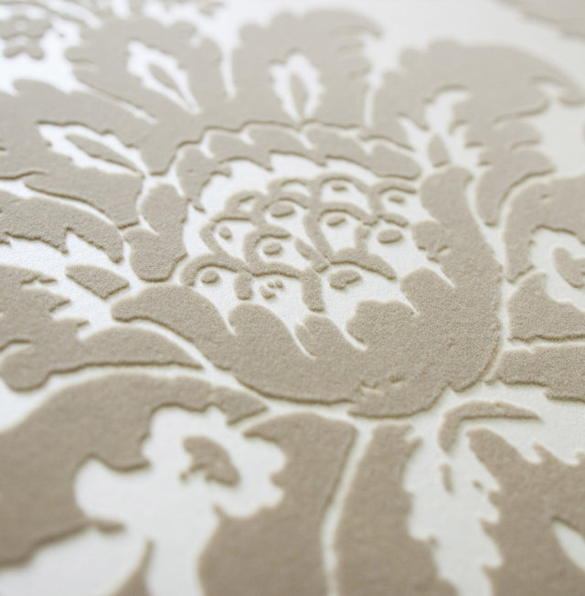 Shadow Khaki Flocked Damask Wallpaper with Pearlescent Cream Ground - A-Street Prints 2763-87314