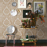Shadow Khaki Flocked Damask Wallpaper with Pearlescent Cream Ground - A-Street Prints 2763-87314