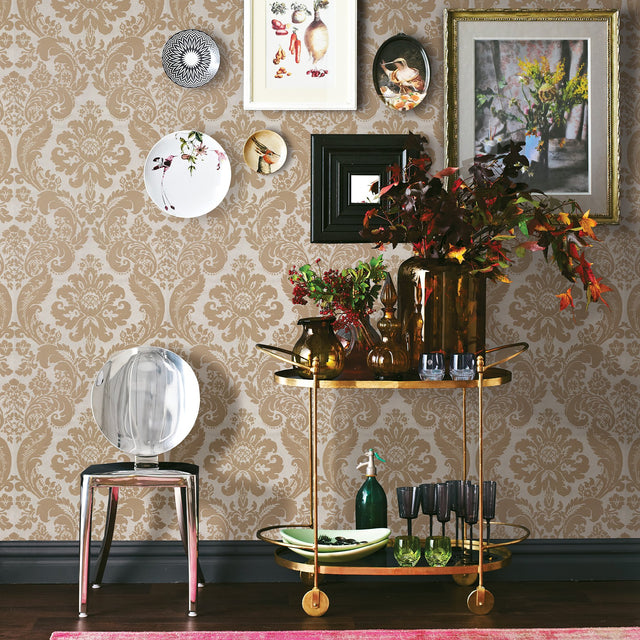 Shadow Khaki Flocked Damask Wallpaper with Pearlescent Cream Ground - A-Street Prints 2763-87314