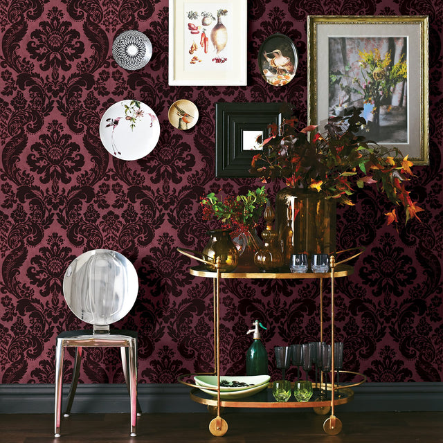 Shadow Merlot Flocked Damask Wallpaper with Modern Damask Pattern - A-Street Prints 2763-87315