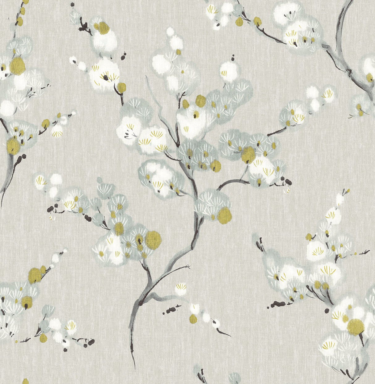 Bliss Blue Blossom Wallpaper with Hand-Painted Floral on Cool Grey Linen Print - A-Street Prints 2764-24308
