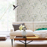 Bliss Blue Blossom Wallpaper with Hand-Painted Floral on Cool Grey Linen Print - A-Street Prints 2764-24308