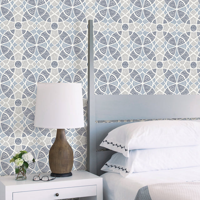 Zazen Blue Geometric Wallpaper with Modern Abstract Floral Dot Motif - A?Street Prints 2764-24335