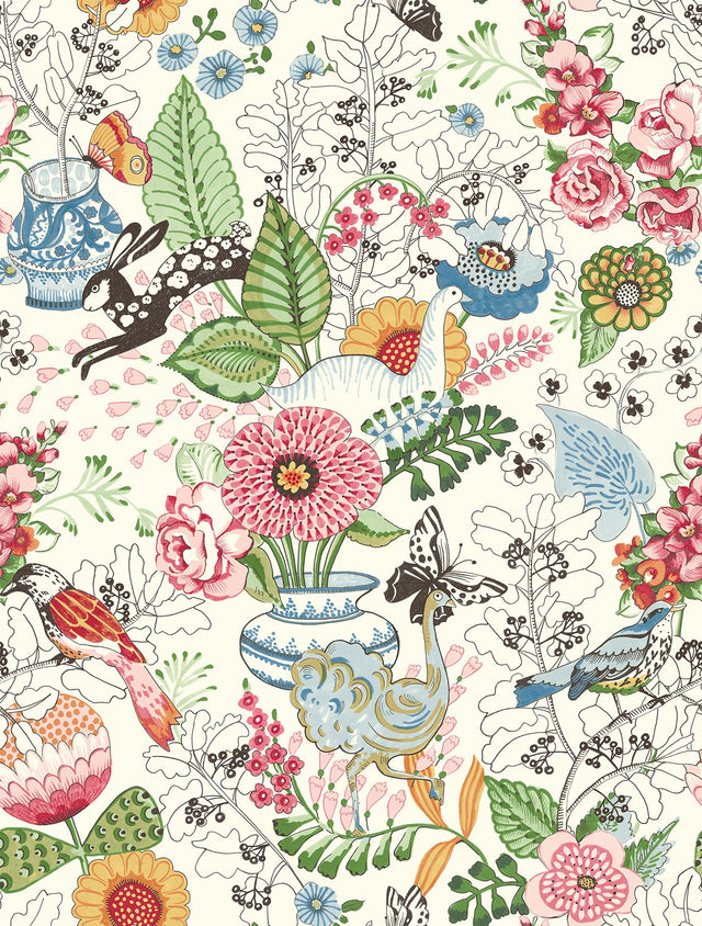 Whimsy Multicolor Fauna Wallpaper with Scandinavian Floral & Animal Pattern - A-Street Prints 2821-12801