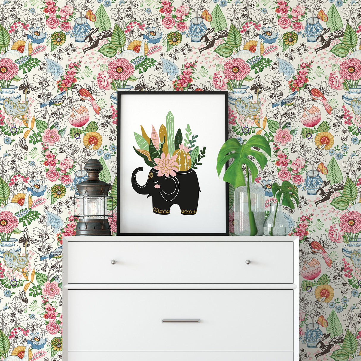 Whimsy Multicolor Fauna Wallpaper with Scandinavian Floral & Animal Pattern - A-Street Prints 2821-12801
