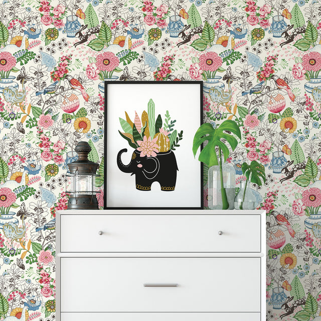 Whimsy Multicolor Fauna Wallpaper with Scandinavian Floral & Animal Pattern - A-Street Prints 2821-12801