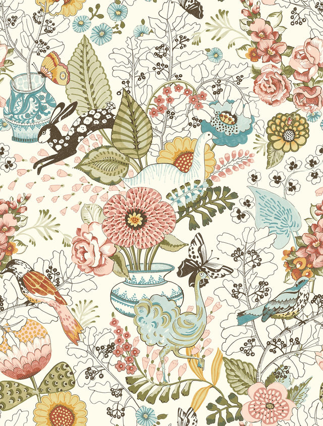 Whimsy Pink Fauna Wallpaper with Scandinavian Floral and Animal Motif - A-Street Prints 2821-12802