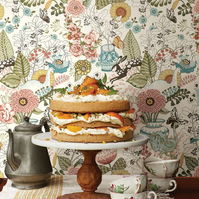 Whimsy Pink Fauna Wallpaper with Scandinavian Floral and Animal Motif - A-Street Prints 2821-12802