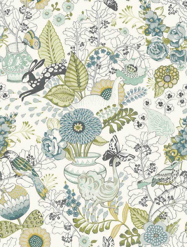 Whimsy Green Fauna Wallpaper with Scandinavian Floral & Fauna Pattern - A-Street Prints 2821-12803