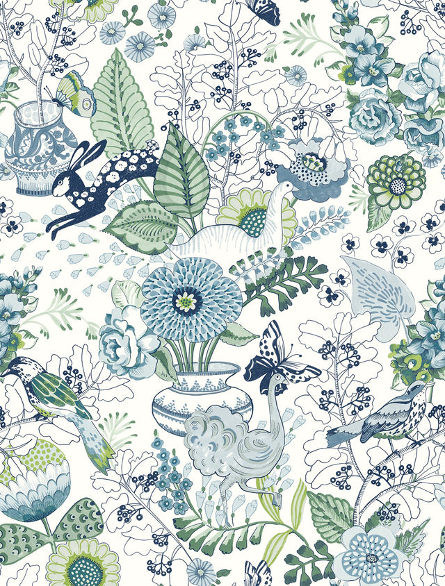 Whimsy Blue Fauna Wallpaper with Scandinavian Floral & Fauna Pattern - A-Street Prints 2821-12804