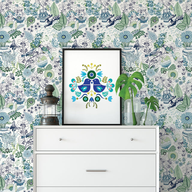 Whimsy Blue Fauna Wallpaper with Scandinavian Floral & Fauna Pattern - A-Street Prints 2821-12804