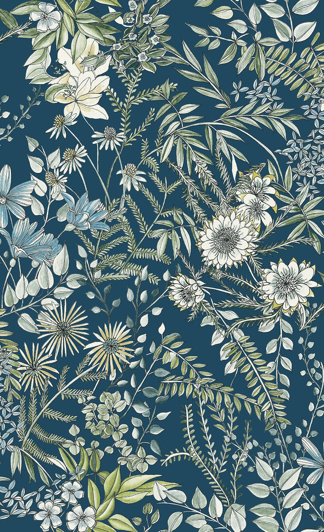 Full Bloom Navy Floral Wallpaper with Botanical Watercolor Motif - A-Street Prints 2821-12902