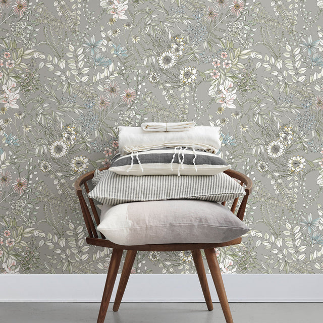 Full Bloom Beige Floral Wallpaper with Scandinavian Botanical Non Woven Style - A-Street Prints 2821-12903