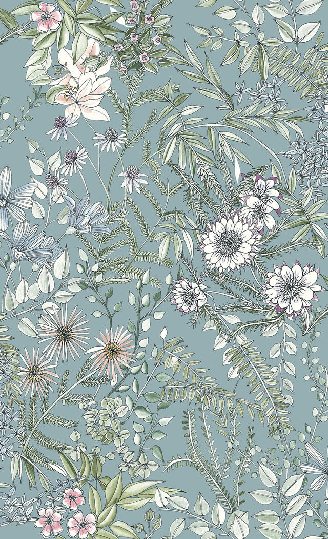 Full Bloom Blue Floral Wallpaper with Scandinavian Botanical Watercolor Pattern - A-Street Prints 2821-12904