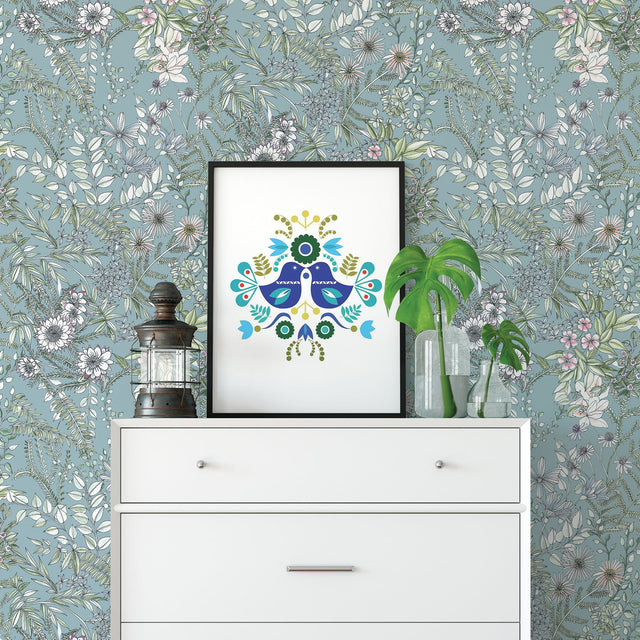 Full Bloom Blue Floral Wallpaper with Scandinavian Botanical Watercolor Pattern - A-Street Prints 2821-12904
