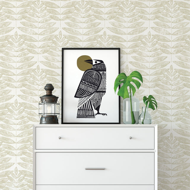 Akira Beige Leaf Wallpaper with Scandinavian Botanical Block Print - A-Street Prints 2821-25100